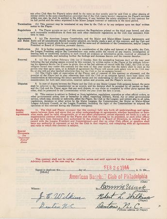 Lot #8162 Robert Wilkins 1944 Philadelphia Athletics Signed Player Contract with Connie Mack - Image 1