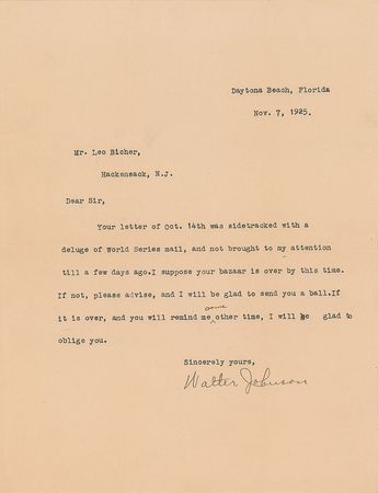 Lot #8244 Walter Johnson Typed Letter Signed - Image 1