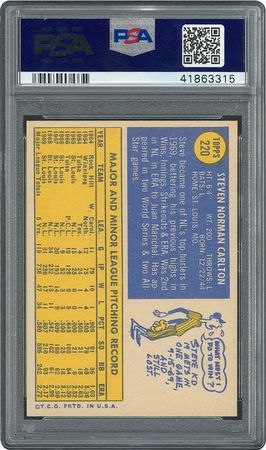 Lot #8118  1970 Topps #220 Steve Carlton - PSA GEM-MT 10 - Image 2