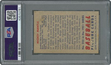 Lot #8043  1951 Bowman #253 Mickey Mantle RC - PSA GOOD+ 2.5 - Image 2