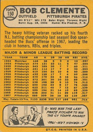 Lot #8106  1968RobertoClemente Signed  Topps Baseball Card - Image 2