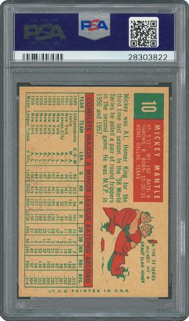 Lot #8076  1959 Topps #10 Mickey Mantle - PSA EX-MT 6 - Image 2