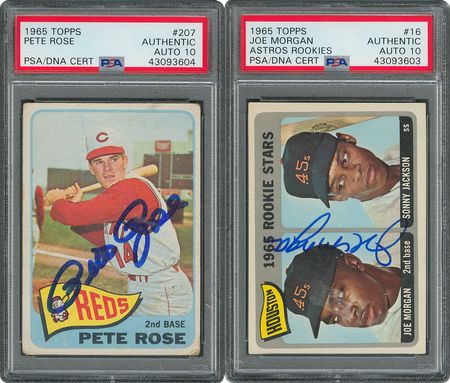 Lot #1060  1965 Topps Baseball Autographed Pair with Pete Rose and Joe Morgan Rookie Card - both PSA/DNA GEM MINT 10 - Image 1