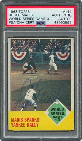 Lot #8091  1963 Topps #144 Roger Maris World Series Game 3 Autographed Card - PSA/DNA MINT 9 - Image 1