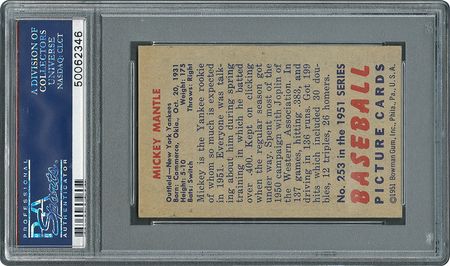 Lot #8042  1951 Bowman #253 Mickey Mantle Rookie Card - PSA NM 7 - Image 2