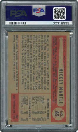 Lot #8059  1954 Bowman #65 Mickey Mantle - PSA NM-MT 8 - Image 2