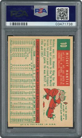 Lot #8079  1959 Topps #10 Mickey Mantle - PSA NM-MT+ 8.5 - Image 2