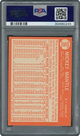 Lot #8093  1964 Topps #50 Mickey Mantle - PSA MINT 9 - Image 2