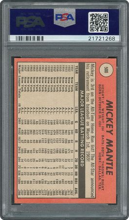 Lot #8113  1969 Topps #500 Mickey Mantle - PSA MINT 9 - Image 2