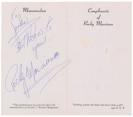Lot #8344 Rocky Marciano Signed Compliments Card - Image 1