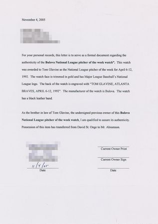 Lot #8326 Tom Glavine's 1992 NL Pitcher of the Week Award Watch - Image 5