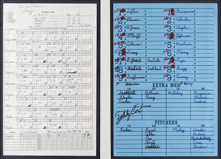 Lot #8334 Tom Glavine's Game-Used Pitching Chart Prepared by Greg Maddux - Image 1