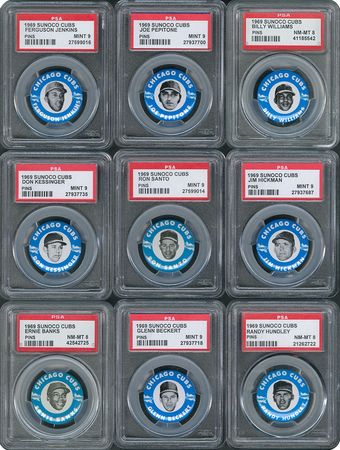 Lot #8110  1969 Sunoco Chicago Cubs PSA Graded Pin Set (9) with Banks, Santo and Williams - Image 1