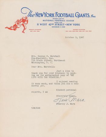 Lot #8350 Tim Mara Signed Letter - Image 1