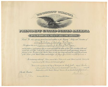 Lot #100 Woodrow Wilson: Unusual Wilson commission for an 