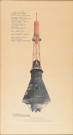 Lot #322 Mercury Seven and Mission Control: Rare Mercury capsule print signed by NASA's original seven astronauts - Image 1