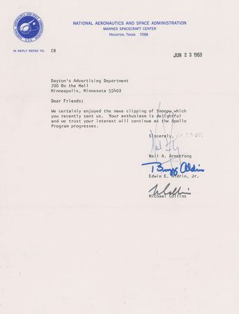 Lot #328 Apollo 11: Rare preflight letter from the Apollo 11 crew—
