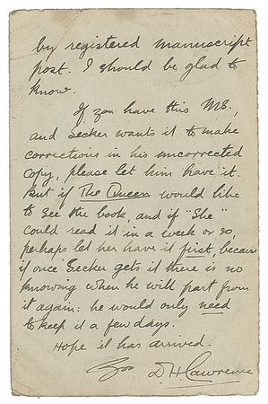 Lot #507 D. H. Lawrence: Lawrence looks to serialize The Lost Girl: ?If The Queen would like to see the book, and if ?she? could read it in a week or so, perhaps let her have it first? - Image 1