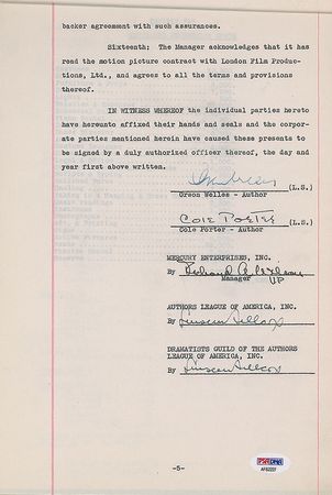 Lot #890 Orson Welles and Cole Porter Signed Document - Image 1