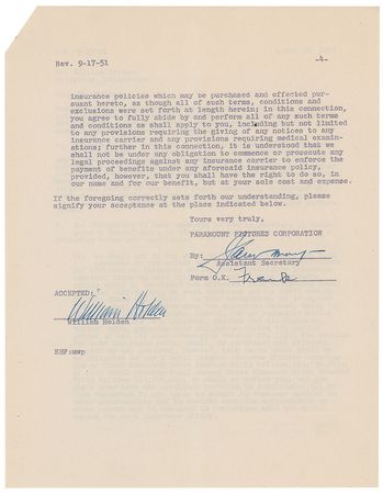 Lot #844 William Holden Signed Document - Image 1
