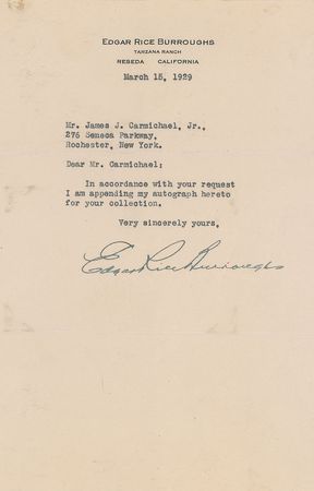 Lot #536 Edgar Rice Burroughs Typed Letter Signed - Image 1