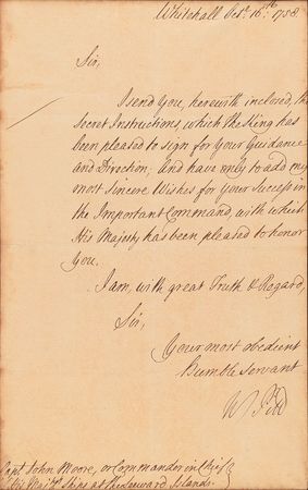 Lot #128 William Pitt the Elder: Pitt forwards “secret instructions” to a naval commander in the West Indies during the Seven Years’ War - Image 1
