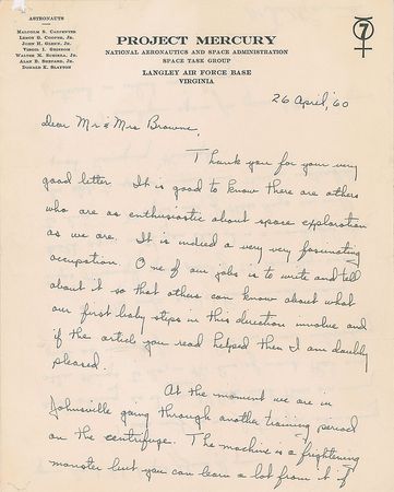 Lot #361 Scott Carpenter: Early letter from Carpenter on centrifuge training—
