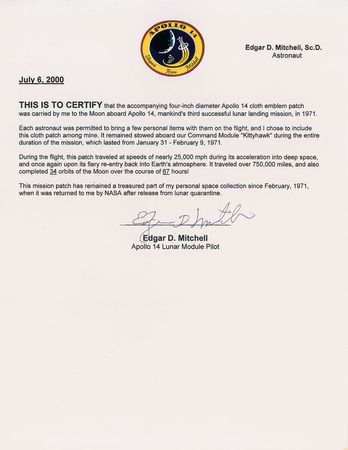 Lot #2316 Edgar Mitchell's Apollo 14 Flown Mission Patch - Image 3