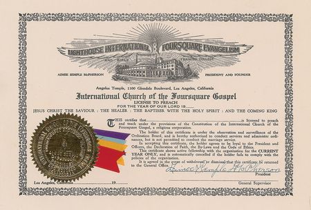 Lot #349 Aimee Semple McPherson: Preaching certificate for McPherson's L.I.F.E. Bible College - Image 1
