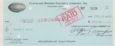 Lot #1061 Ernie Davis: Extremely rare Browns payroll check for Ernie Davis - Image 2