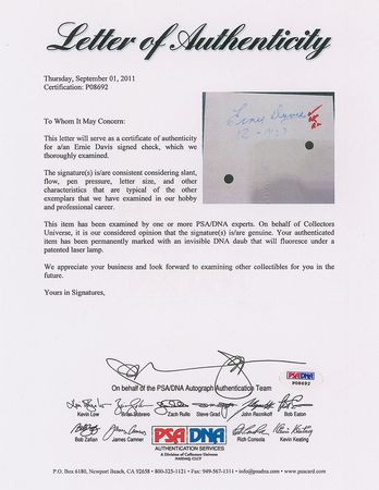 Lot #1061 Ernie Davis: Extremely rare Browns payroll check for Ernie Davis - Image 3