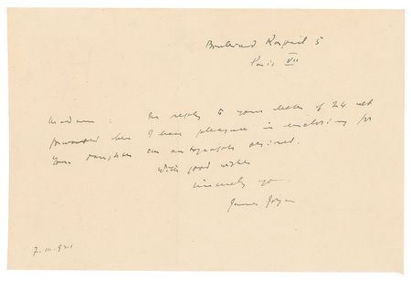 Lot #635 James Joyce: Amidst controversy over his masterpiece Ulysses, Joyce complies with an autograph request - Image 1