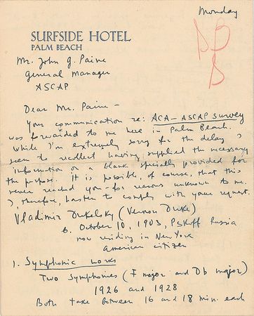 Lot #811 Vernon Duke: Vernon Duke outlines his prolific body of work - Image 1