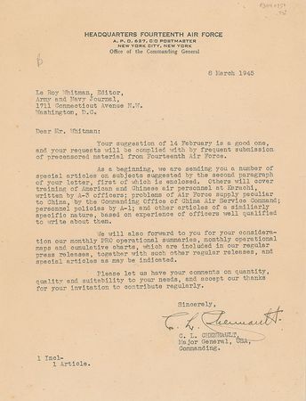 Lot #424 Claire L. Chennault Typed Letter Signed - Image 1