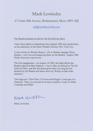Lot #5015  Beatles 1965 Ed Sullivan Show Handwritten Set List - Image 2