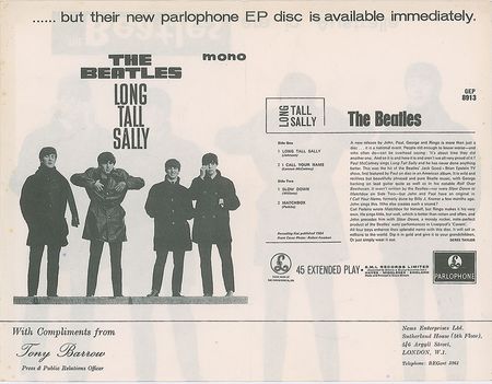 Lot #5062  Beatles 1964 'Long Tall Sally' Press Release - Image 1