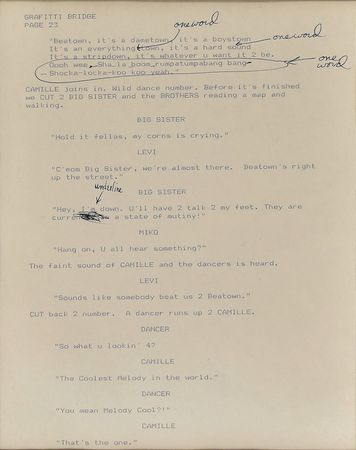 Lot #5367  Prince Graffiti Bridge Script Page with Handwritten Notes - Image 1