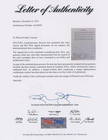 Lot #5148 Jerry Garcia, Bob Weir, and Rock Scully Signed Documents - Image 5