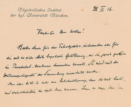 Lot #309 Wilhelm Rontgen: Rontgen sends thanks “for the difficult-to-produce gold solution, which I had the chance to admire in the paraboloid condenser just yesterday” - Image 1