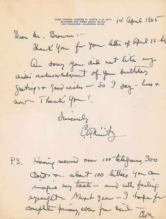 Lot #285 Chester W. Nimitz: 80-year-old Nimitz lashes out against birthday wishes: 