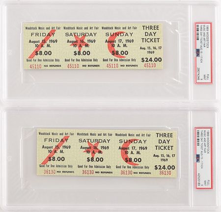 Lot #714 Lot of (2) 1969 Woodstock Music and Art Fair Unused Three Day Tickets - PSA 9 Tickets - Image 1