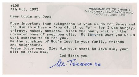 Lot #228 Mother Teresa Typed Letter Signed - Image 1