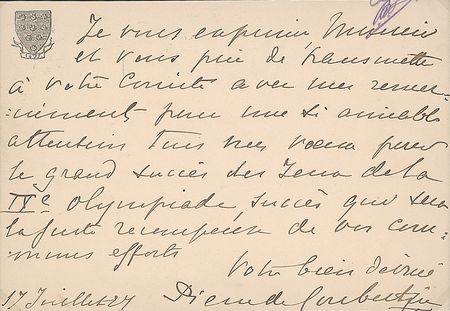 Lot #897 Pierre de Coubertin Handwritten Letter Signed - Image 2