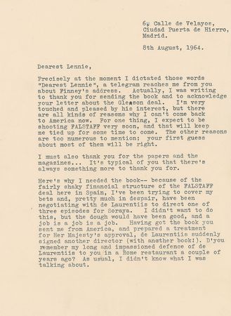 Lot #754 Orson Welles: Superb humorous content Welles letter on bullfighting, struggles with De Laurentiis, and even an amusing reference to Ernest Hemingway - Image 1