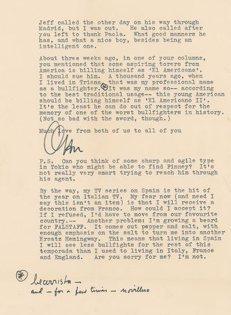Lot #754 Orson Welles: Superb humorous content Welles letter on bullfighting, struggles with De Laurentiis, and even an amusing reference to Ernest Hemingway - Image 2