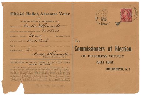 Lot #51 Franklin D. Roosevelt: FDR's absentee ballots sent from Warm Springs in 1927, a year before his election as New York governor - Image 1