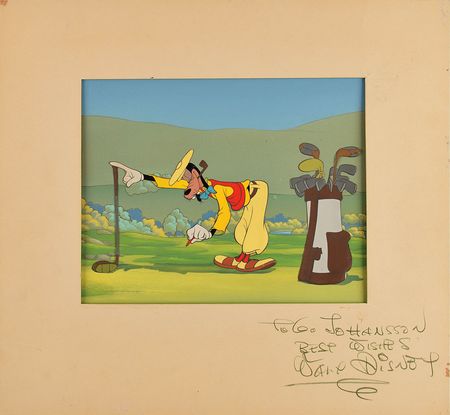 Lot #572 Walt Disney signed Goofy production cels from How to Play Golf: Golfing with Goofy, boasting a large Disney signature - Image 1