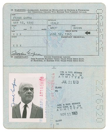 Lot #720 Frank Capra Passport - Image 1