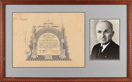 Lot #54 Harry S. Truman: Truman signs as a 33rd degree Mason - Image 1