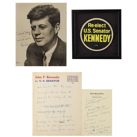 Lot #17 Sen. John F. Kennedy Inscribed Photo and (2) Handwritten Manuscripts as U.S. Senator, (1) Re-elect U.S. Senator Kennedy Oversized Decal (framed) - Image 1